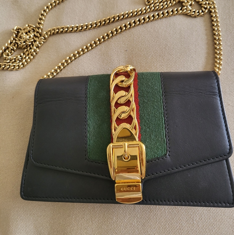 Gucci Sylvie Black Crossbody with and Gold Chain